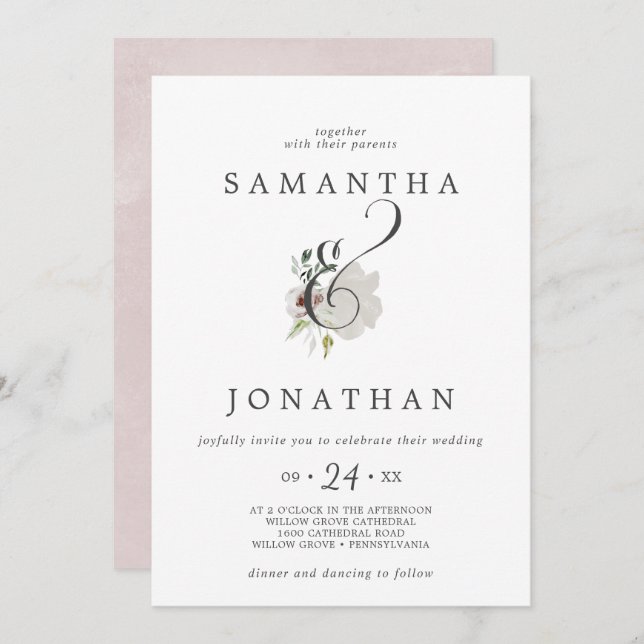 Floral Romance Ampersand Wedding Invitation (Front/Back)