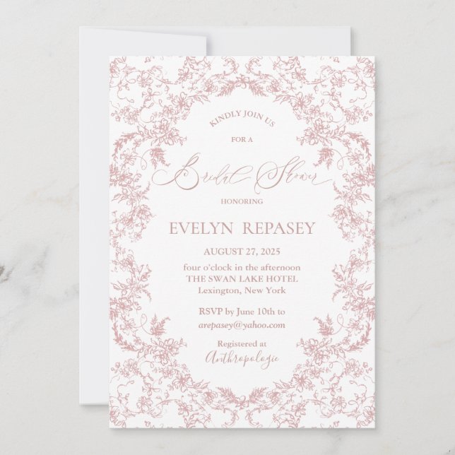 Floral Romance Chinoiserie Mauve Bridal Shower Invitation (Front)