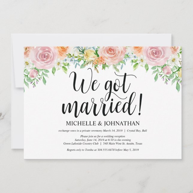 Floral Romance Elopement Reception Invitation Card (Front)