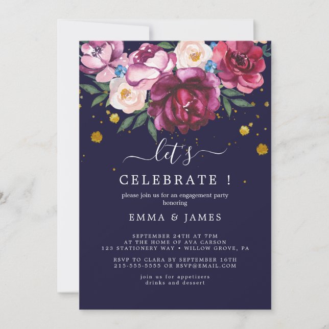 Floral Romance | Grey "Let's Celebrate" Invitation (Front)