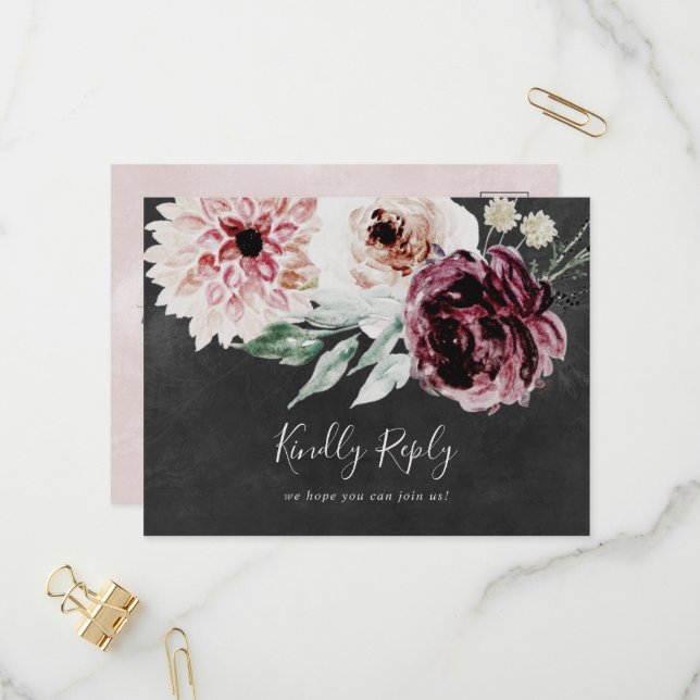 Floral Romance | Grey Menu Choice RSVP Postcard (Front/Back In Situ)