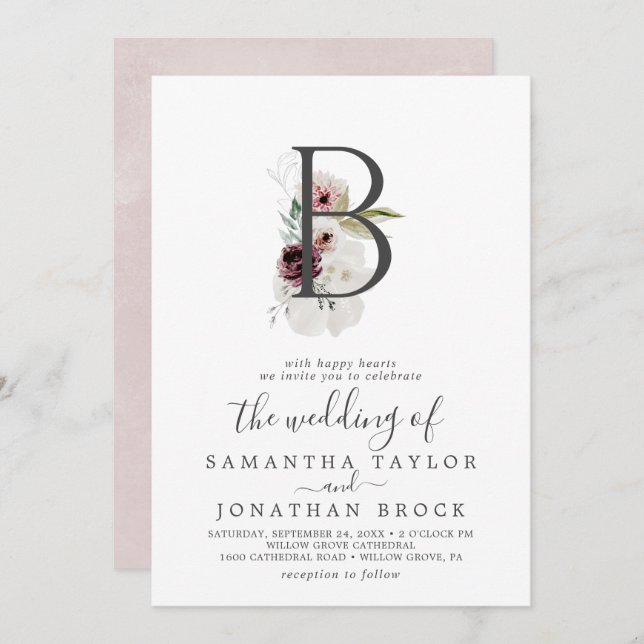 Floral Romance Letter B Monogram Wedding Invitation (Front/Back)