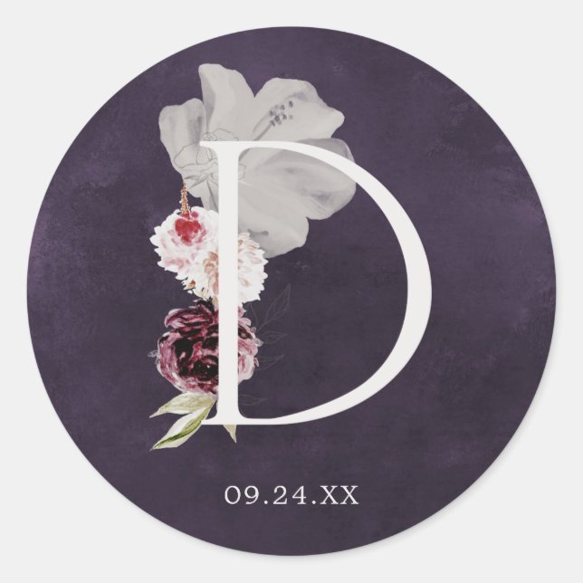 Floral Romance Letter D Monogram Plum Wedding Seal (Front)