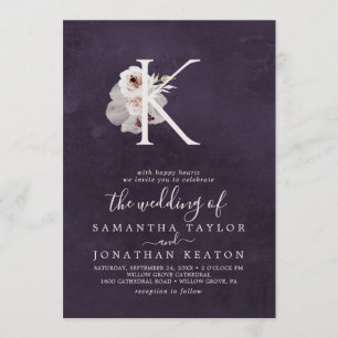 Floral Romance Letter K Monogram Plum Wedding Invitation