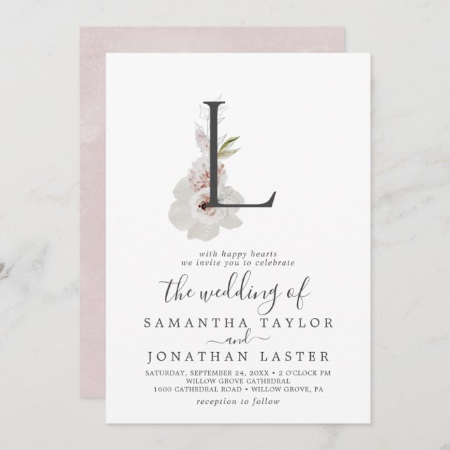 Floral Romance Letter L Monogram Wedding Invitation (Front/Back)