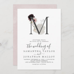 Floral Romance Letter M Monogram Wedding Invitation