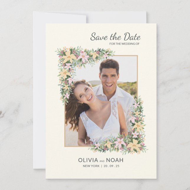 Floral Romance Photo Save the Date Card (Front)