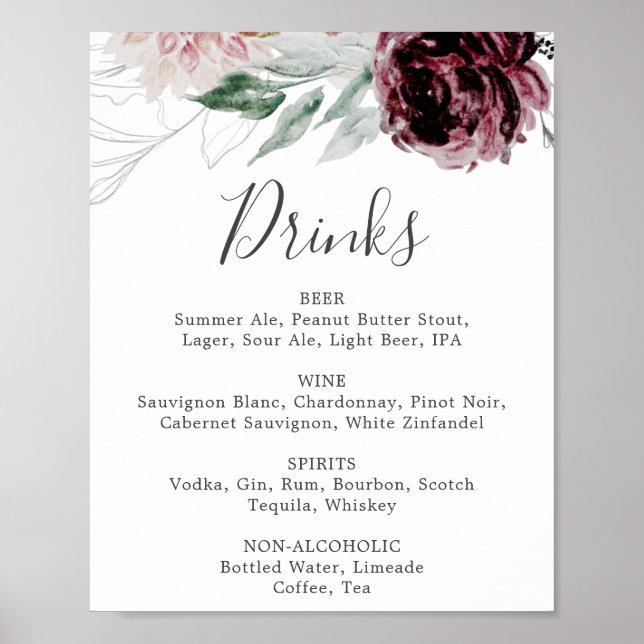 Floral Romance Wedding Drinks Menu Sign (Front)