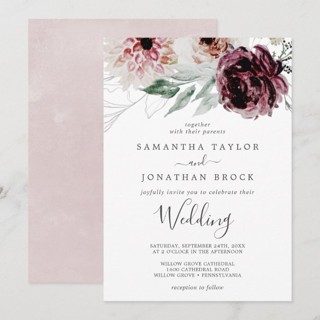 Floral Romance Wedding Invitation (Front/Back)