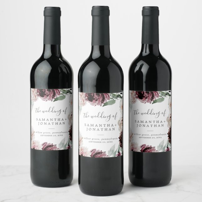 Floral Romance Wedding Wine Label (Bottles)