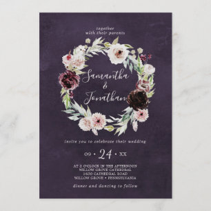 Floral Romance Wreath   Plum Wedding Invitation