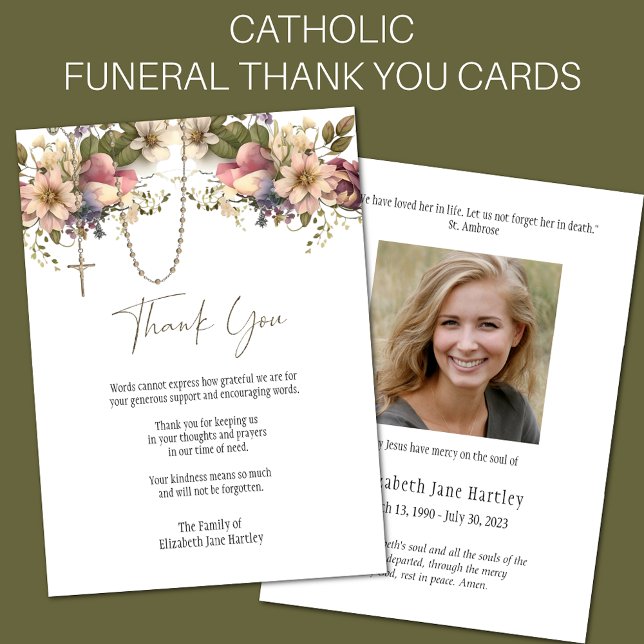  Floral Rosary Photo  Funeral Condolence Sympathy Thank You Card (Easy to Personalize Catholic Funeral Thank You Cards)
