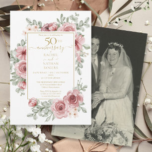 Floral Rose 50th Golden Anniversary Wedding Photo  Invitation