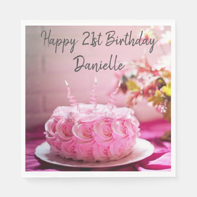 Floral Rose Birthday Cake Happy Birthday Napkin (Front)