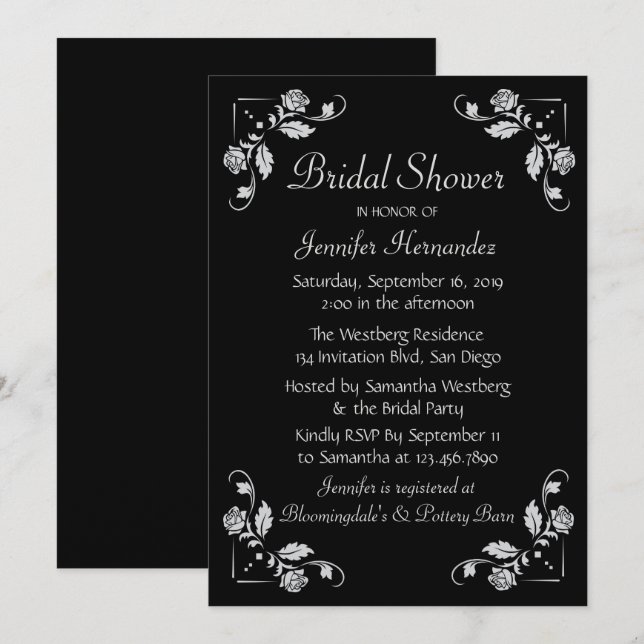Floral Rose Bridal Shower Black & Grey Wedding Invitation (Front/Back)