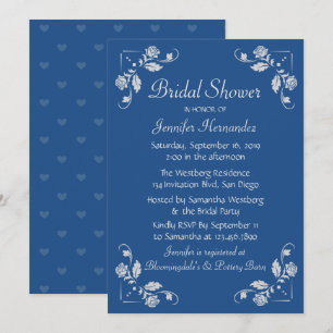Floral Rose Bridal Shower Navy Blue Hearts Wedding Invitation