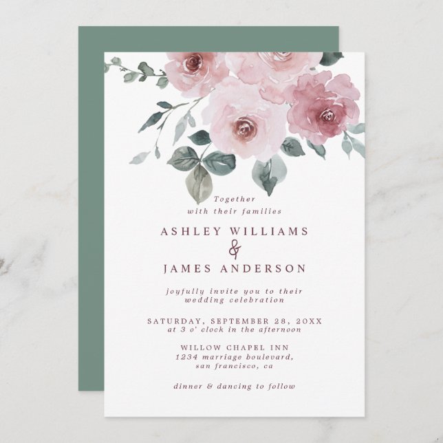 Floral Rose Burgundy Dusty Green Wedding Invitation (Front/Back)