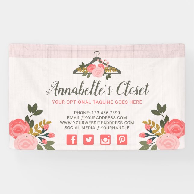 Floral Rose Clothes Hanger Closet Fashion Boutique Banner (Horizontal)