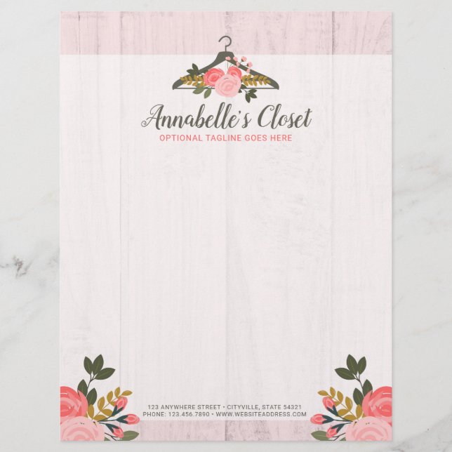 Floral Rose Clothes Hanger Closet Fashion Boutique Personalised Letterhead (Front)