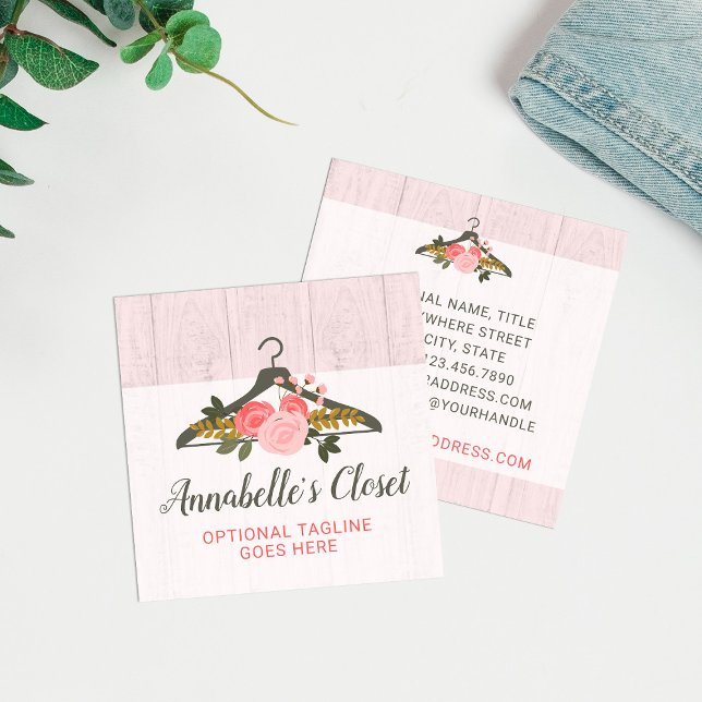 Floral Rose Clothes Hanger Closet Fashion Boutique Square Business Card (Creator Uploaded)