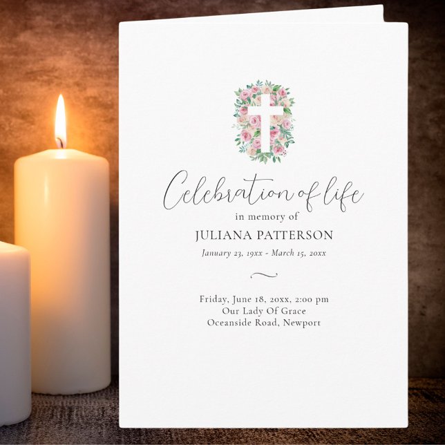 Floral Rose Cross Photo Funeral Order of Service Programme (Creator Uploaded)