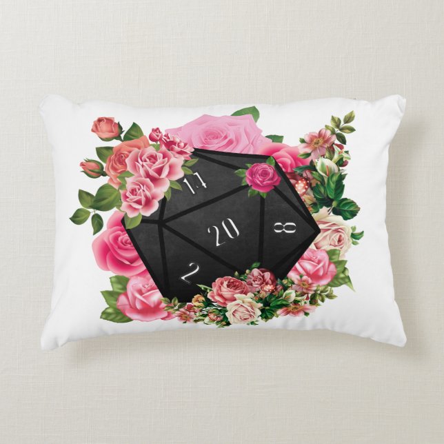 Floral Rose D20 Tabletop RPG Gaming Dice Decorative Cushion (Front)