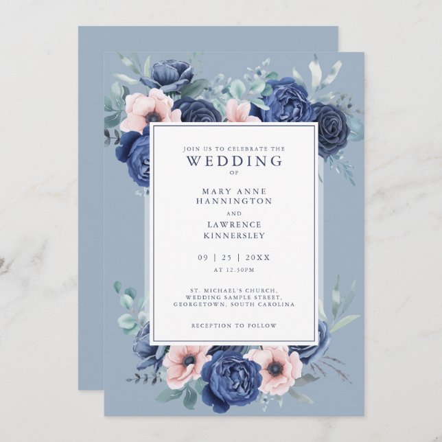 Floral Rose Dusty Blue Wedding Invitation (Front/Back)