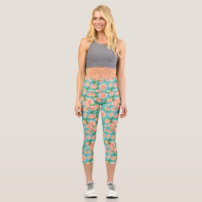 Floral Rose Flowers Pattern Capri Leggings (Front)