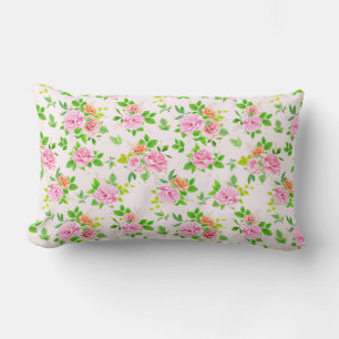 Floral Rose Flowers with Green Leaves Pattern Lumbar Cushion