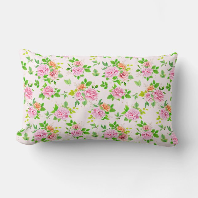 Floral Rose Flowers with Leaves Pattern-23656 Lumbar Cushion (Front)