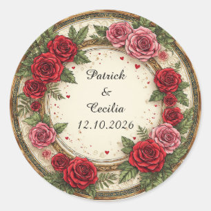 🌹 Floral Rose Frame For Custom Wedding Names 💖 Classic Round Sticker
