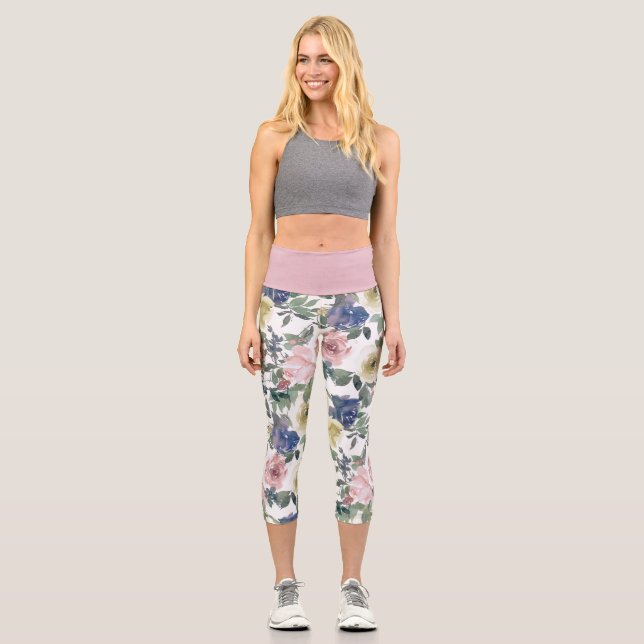 Floral Rose Garden Blue Cream White Champagne Pink Capri Leggings (Front)