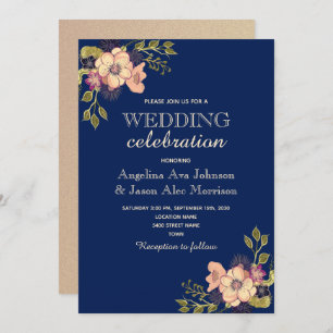 Floral Rose Gold and Navy Blue Wedding Invitation