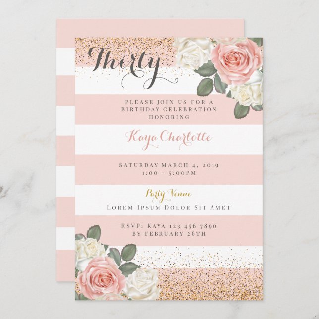 Floral Rose Gold Birthday Invitation for Women (Front/Back)