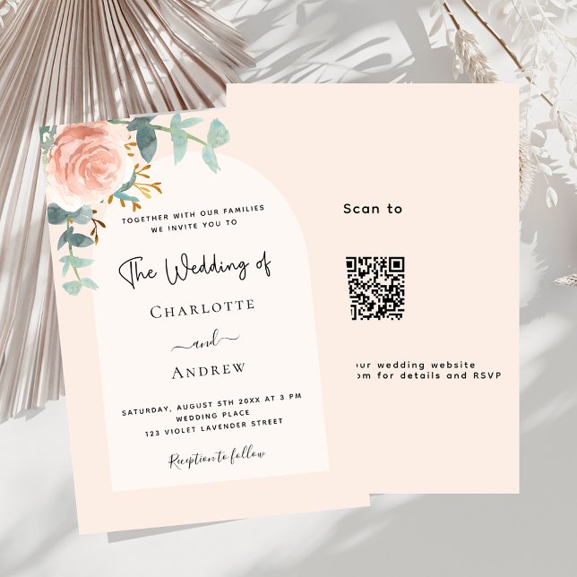 Floral rose gold blush arch QR RSVP luxury wedding Invitation (Creator Uploaded)