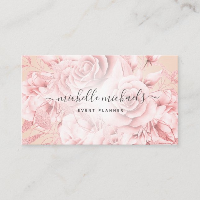 Floral Rose Gold Blush Modern Script Business Card (Front)