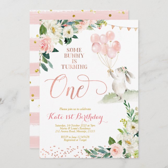 Floral Rose Gold Bunny Birthday Invitation (Front/Back)