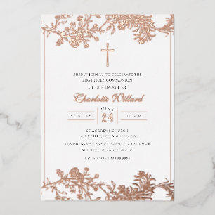 Floral Rose Gold Cross Girls First Communion Foil