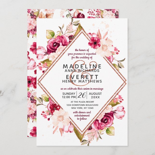 Floral & Rose Gold Diamond Wedding Invitations (Front/Back)