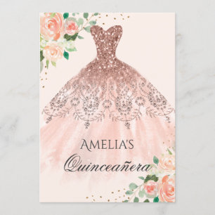 Floral Rose Gold Dress Sparkle Quinceanera Invitation