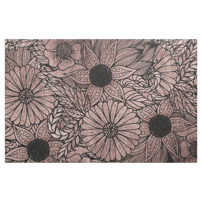 Floral Rose Gold Flowers and Leaves Drawing Black Fabric (Yard)
