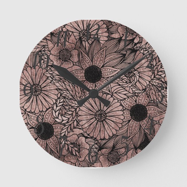 Floral Rose Gold Flowers and Leaves Drawing Black Round Clock (Front)