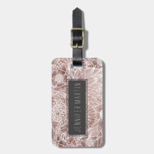 Floral Rose Gold Flowers and Leaves Drawing White Luggage Tag