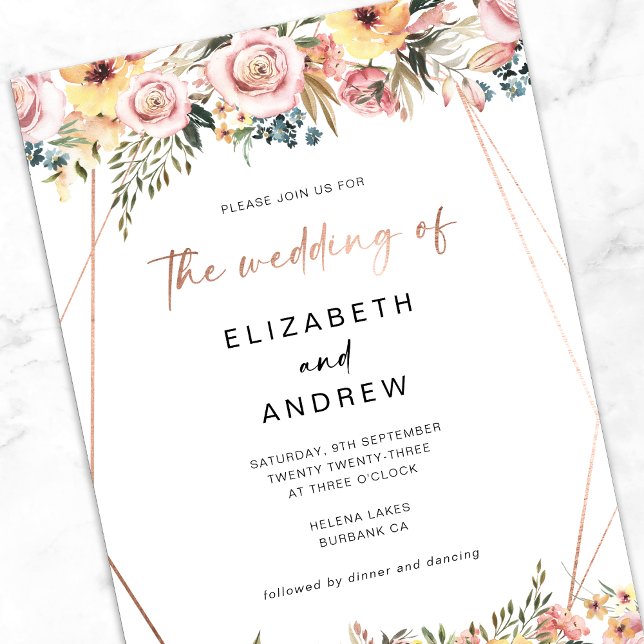 Floral Rose Gold Geometric Frame Wedding Invitation (Creator Uploaded)