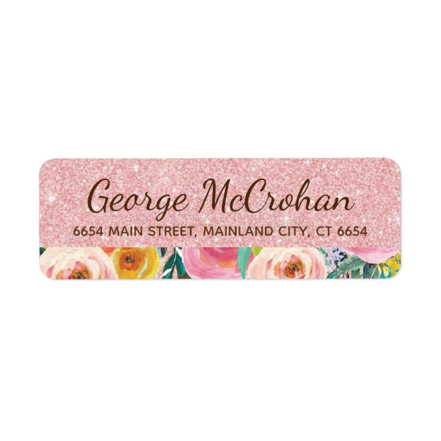 Floral Rose Gold Glitter Foil Pink Return Address (Front)