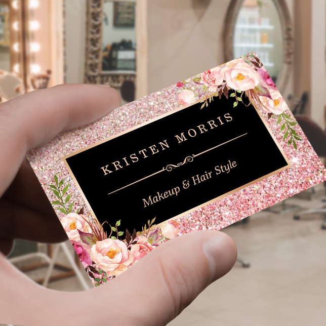Floral Rose Gold Glitter Makeup Artist Hair Salon Business Card (Creator Uploaded)