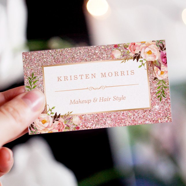 Floral Rose Gold Glitter Makeup Artist Hair Salon Business Card (Creator Uploaded)