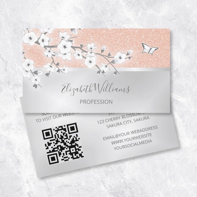 Floral  Rose Gold Glitter Silver QR Code Business Card (Creator Uploaded)