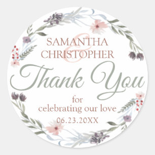 Floral Rose Gold Green Script Wedding Thank You Classic Round Sticker