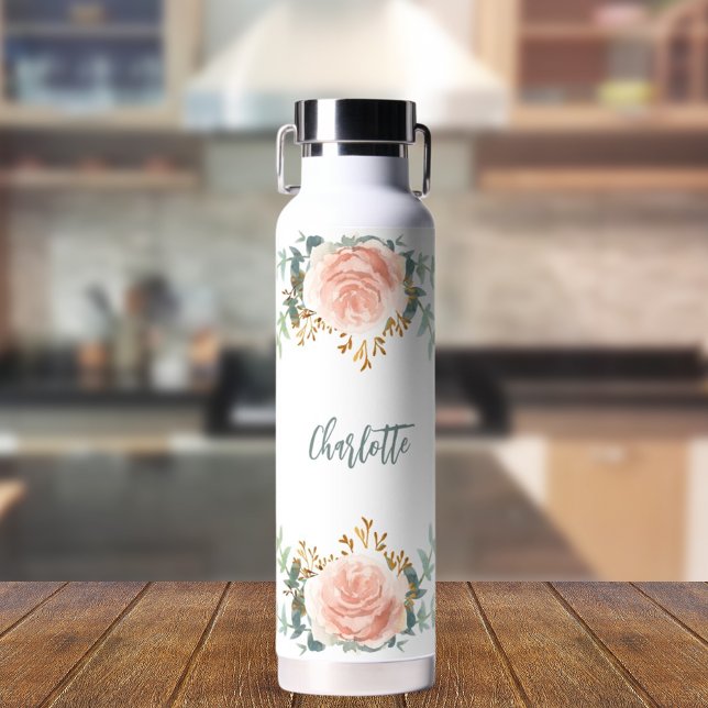 Floral rose gold greenery gold name water bottle (Creator Uploaded)